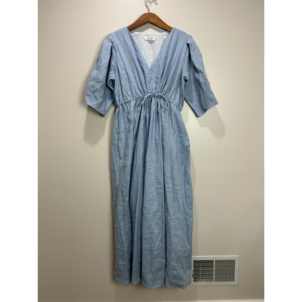 SOL LINEN Blue Maxi Dress Linen Cinch Waist Women's V-Neck Size S/M